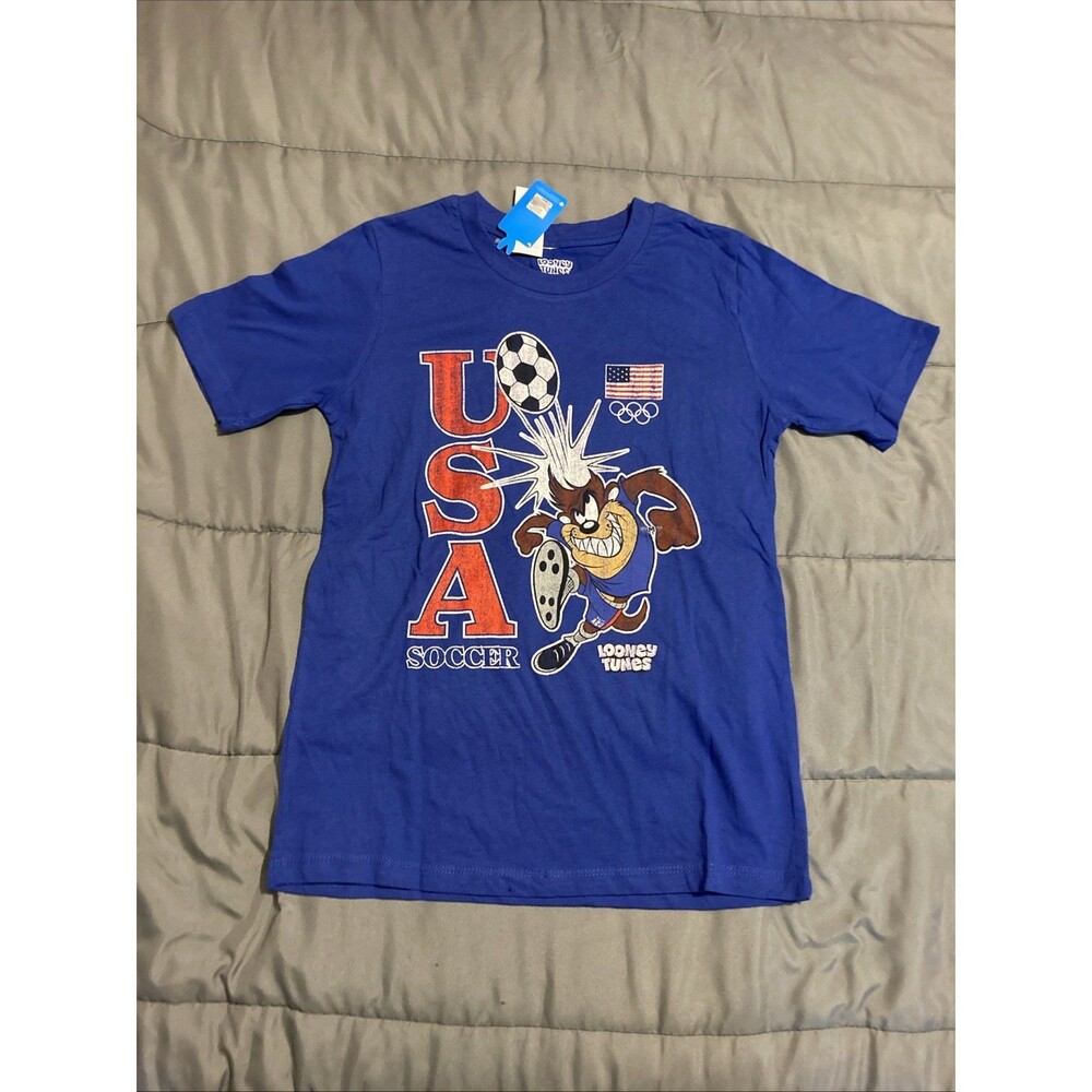 Looney Tunes Team USA Tasmanian Devil Soccer T-Shirt Royal Blue Youth MED NWT